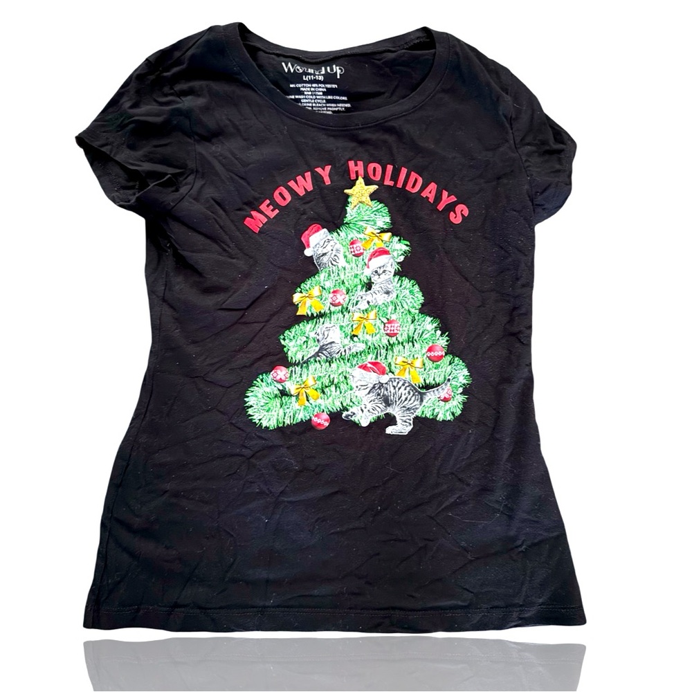 Meowy Christmas: Ladies Catmas T-Shirt: Size Large: Holiday Apparel: Cat Lover